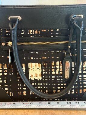 Jasper Conran, Black Tote with Beige Abstract Grid Pattern and Gold Accents